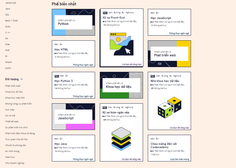 Khóa học trong tài khoản Codecademy Pro