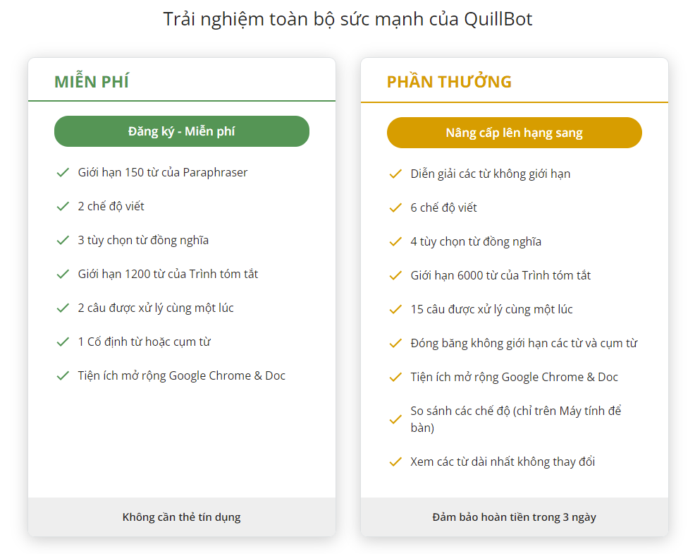 Sự khác biệt giữa tài khoản Quillbot miễn phí và tài khoản Quillbot premium